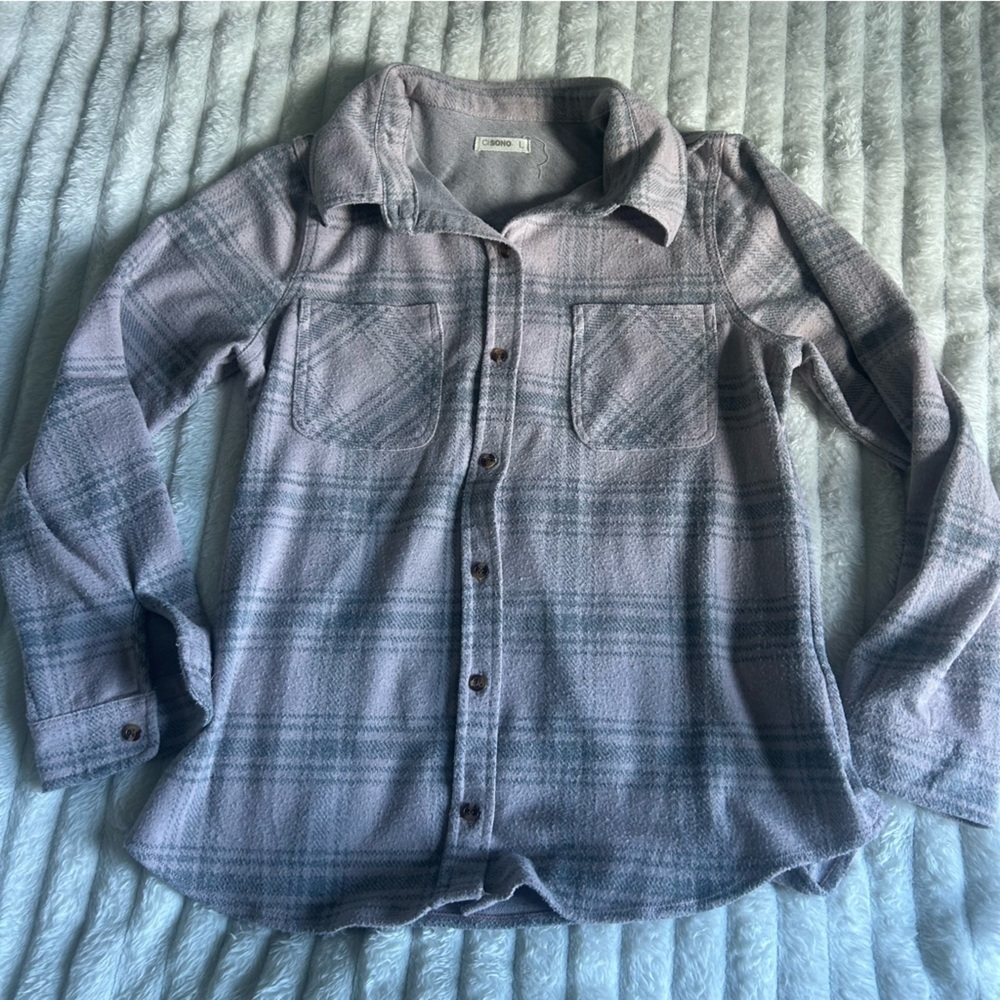Womens US Large Grey And Pink Plaid Button-Up Flannel Shirt